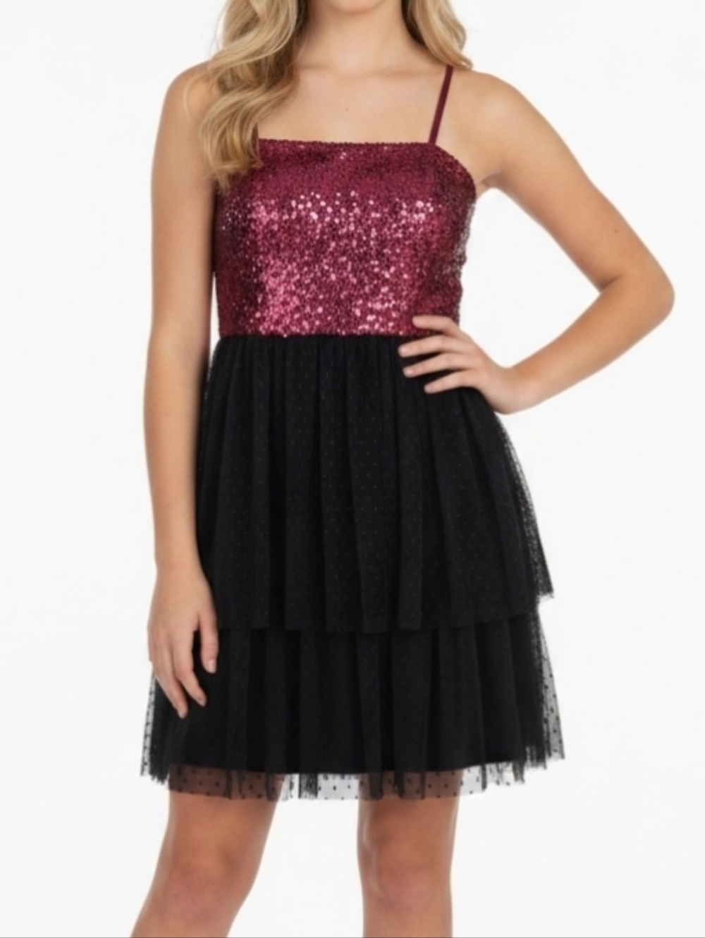 Dress The Population Women's Kady Dress Sz XS Merlot Sequins Tiered Tulle